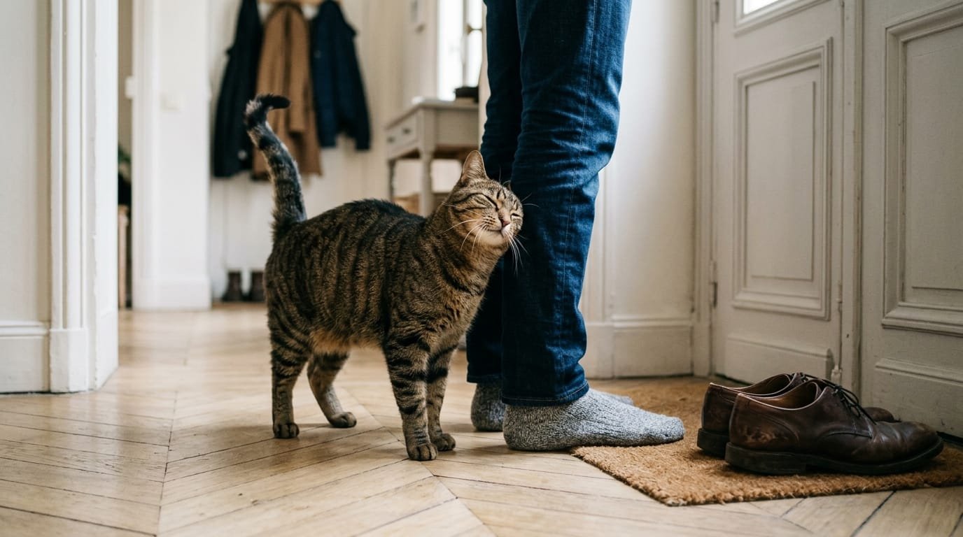 Un chat se frotte la joue contre les jambes de son propriétaire dans l’entrée, la queue dressée