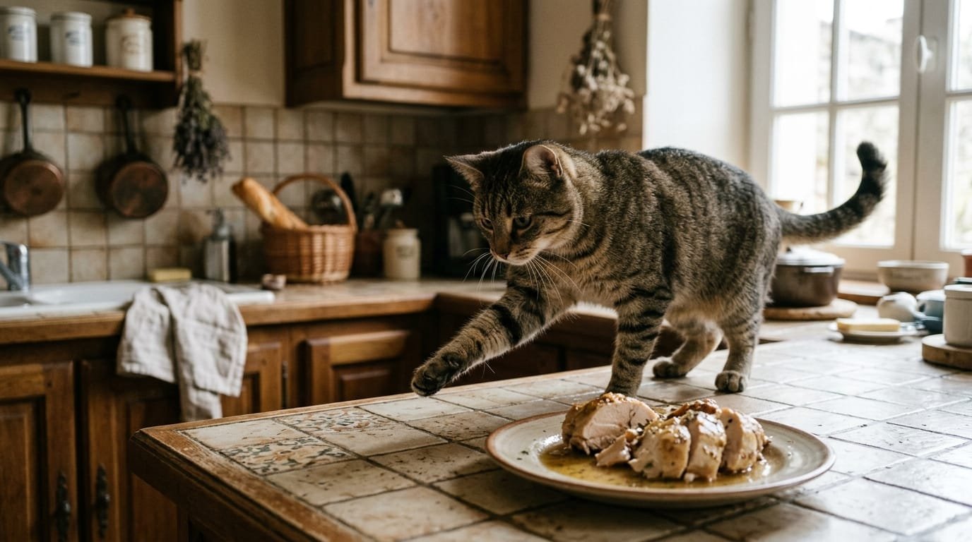 Chat vole nourriture sur le plan de travail d’une cuisine