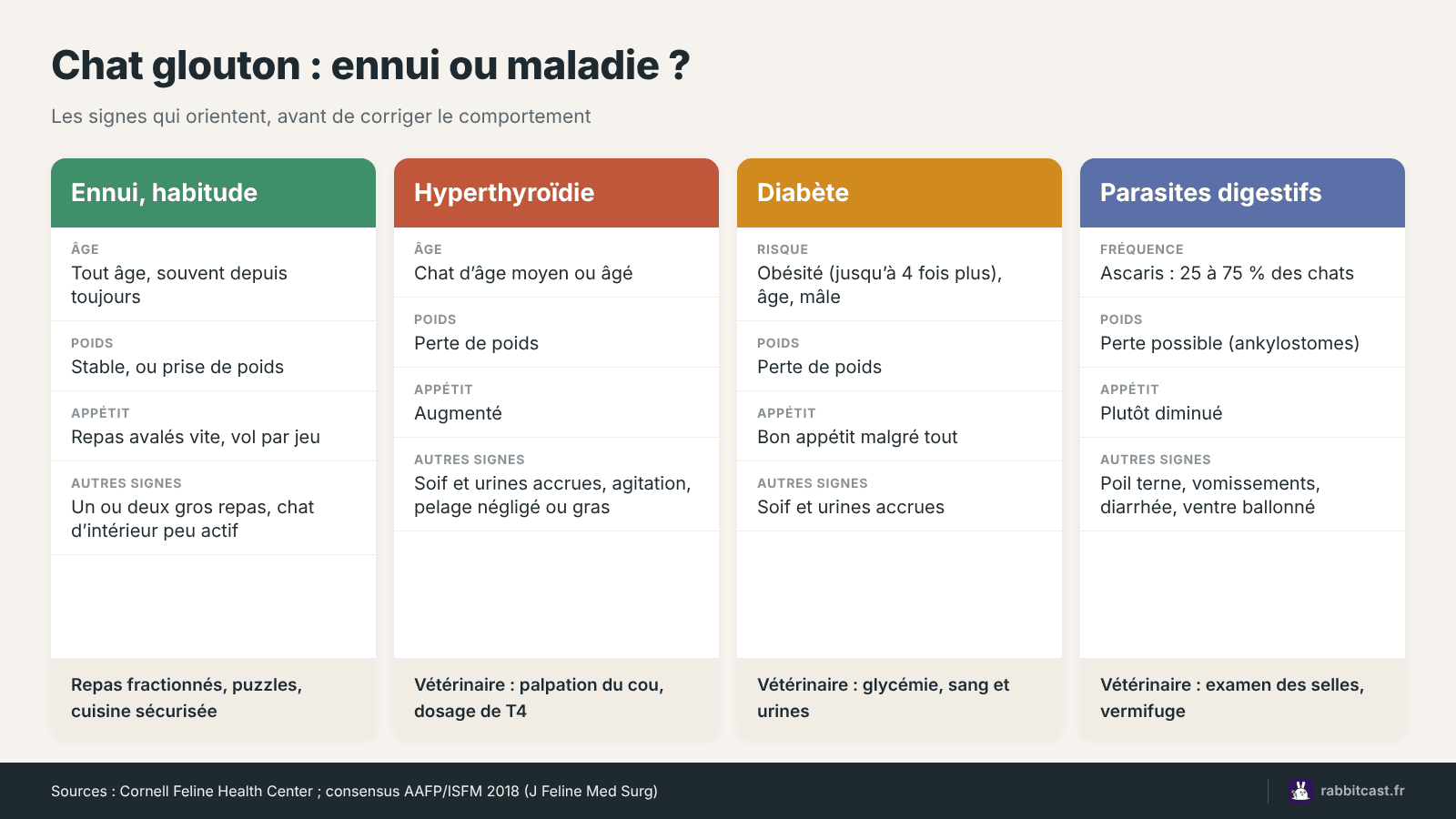 Comparatif des causes d’un chat glouton : ennui, hyperthyroïdie, diabète, parasites