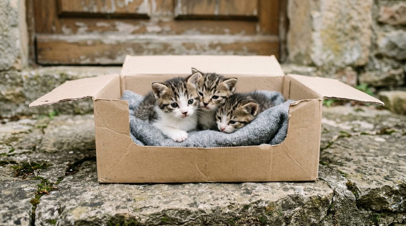 Trois chatons abandonnés blottis dans un carton garni d’une couverture, sur le seuil d’une maison