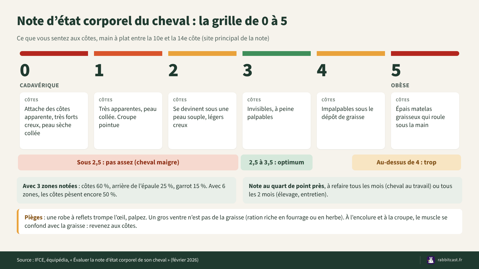 Schéma de la note d’état corporel du cheval de 0 à 5 selon l’IFCE, avec ce que l’on sent aux côtes, la zone optimale de 2,5 à 3,5 et le poids des zones palpées