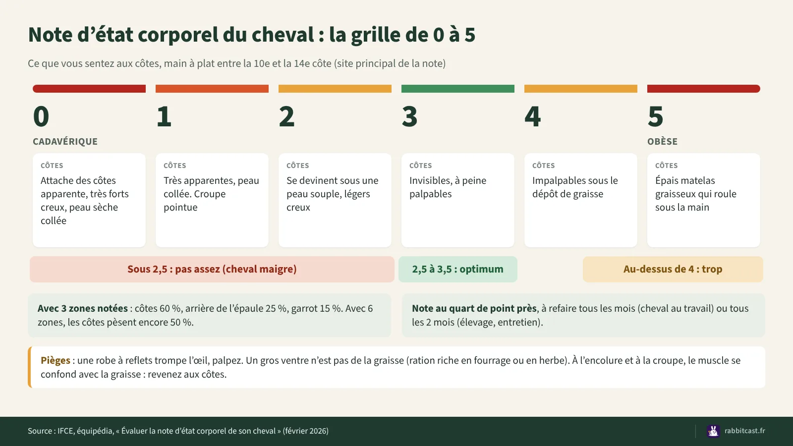 Schéma de la note d’état corporel du cheval de 0 à 5 selon l’IFCE, avec ce que l’on sent aux côtes, la zone optimale de 2,5 à 3,5 et le poids des zones palpées