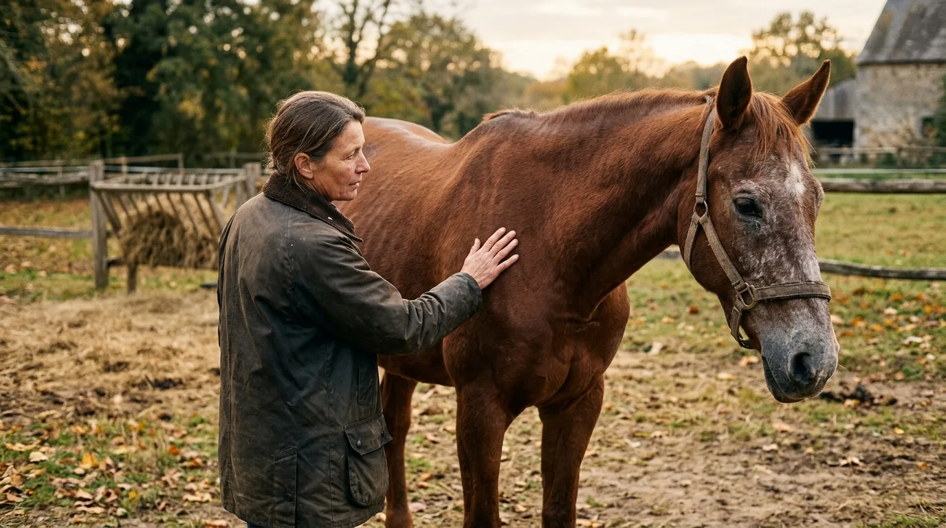Cheval trop maigre et âgé, un alezan au museau grisonnant dont une femme palpe les côtes derrière l’épaule dans un paddock en automne
