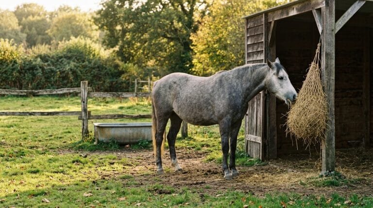 Un vieux cheval gris au museau blanc mange du foin dans un filet à l’entrée d’un abri de prairie en bois, en automne