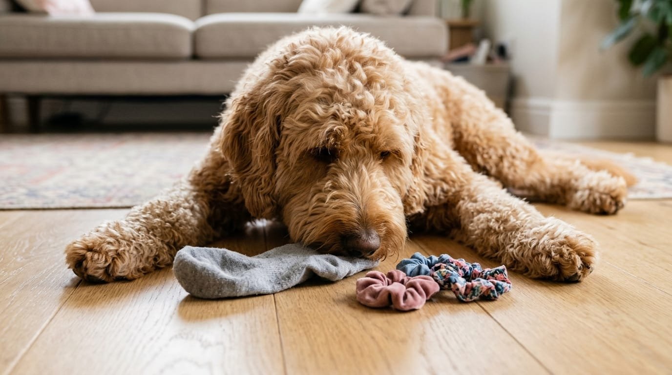 Labradoodle couché sur un parquet qui renifle une chaussette grise et des chouchous à cheveux tombés au sol