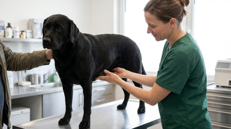 Une vétérinaire palpe le ventre d'un labrador noir debout sur la table d'examen, la main de son maître posée sur l'épaule du chien