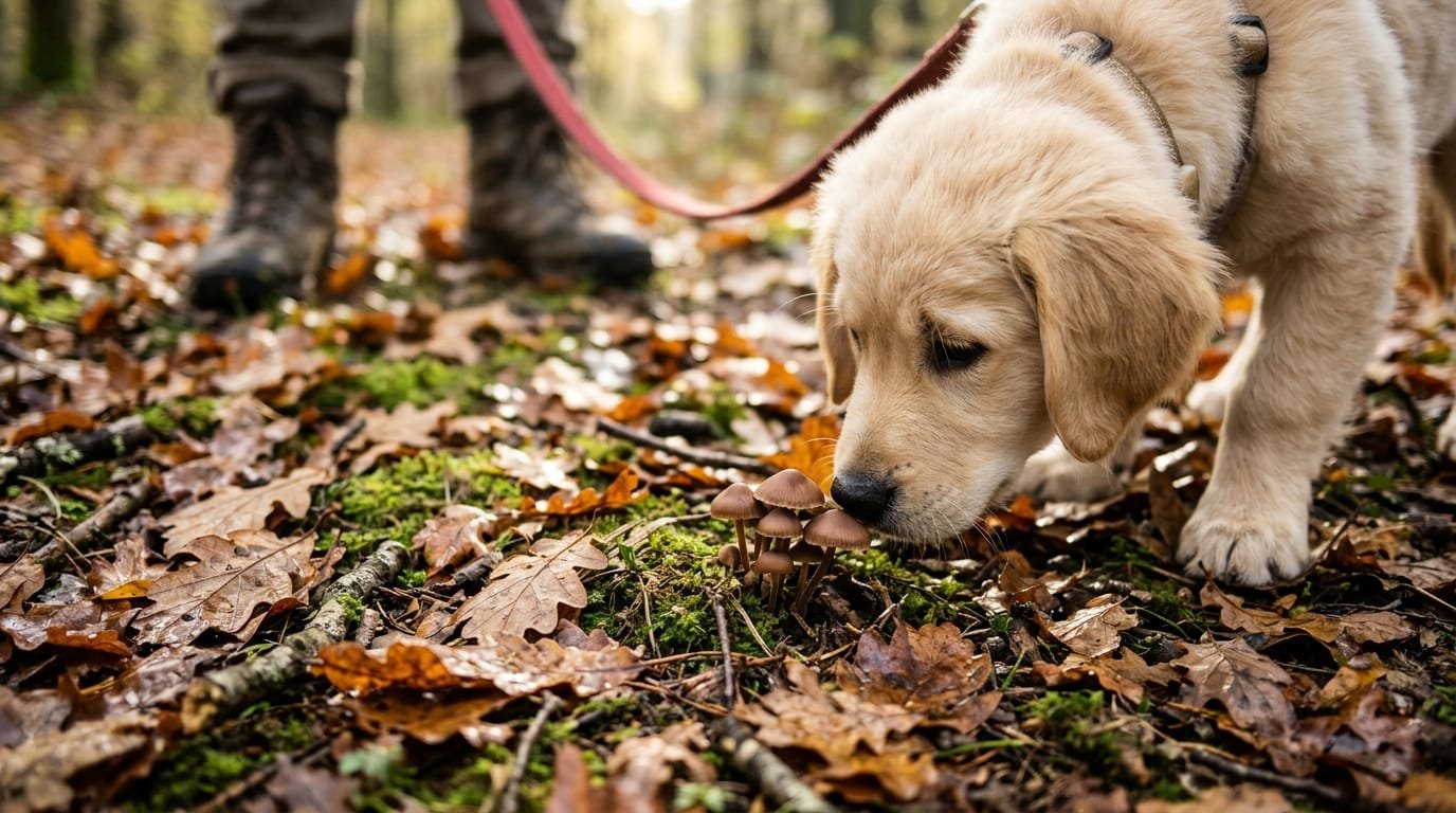 Chiot golden retriever en laisse qui renifle des champignons bruns dans un sous-bois d’automne