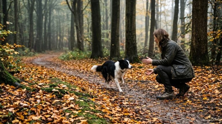 Chien qui flaire un champignon sauvage lors d'une promenade en forêt à l'automne