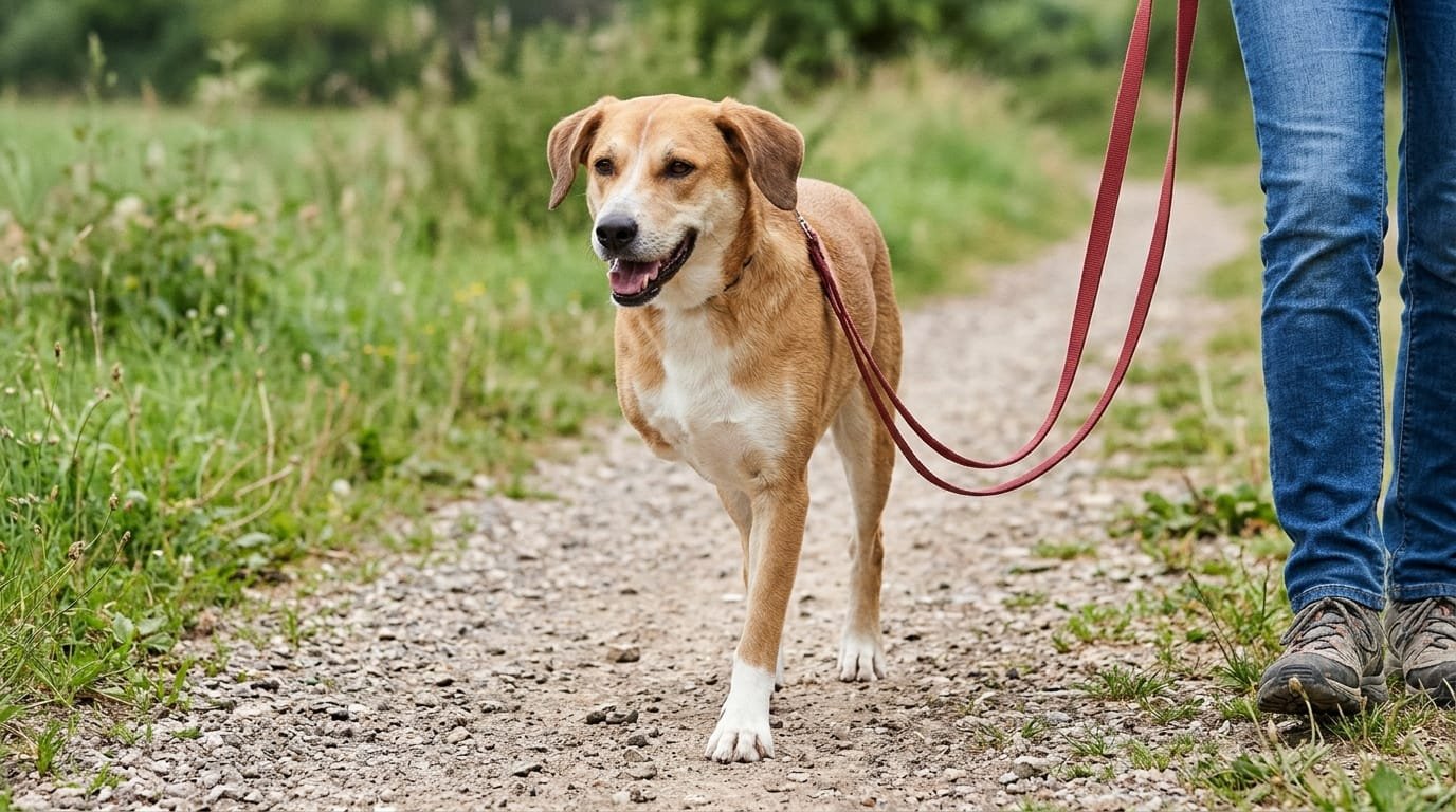 Chien à trois pattes croisé fauve et blanc, amputé d’une patte avant, qui marche en laisse sur un chemin de campagne à côté de son maître