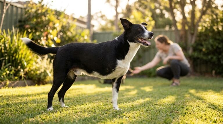 Chien noir et blanc à trois pattes debout de profil sur une pelouse au soleil, amputé d’une patte avant, qu’une femme accroupie appelle en arrière-plan