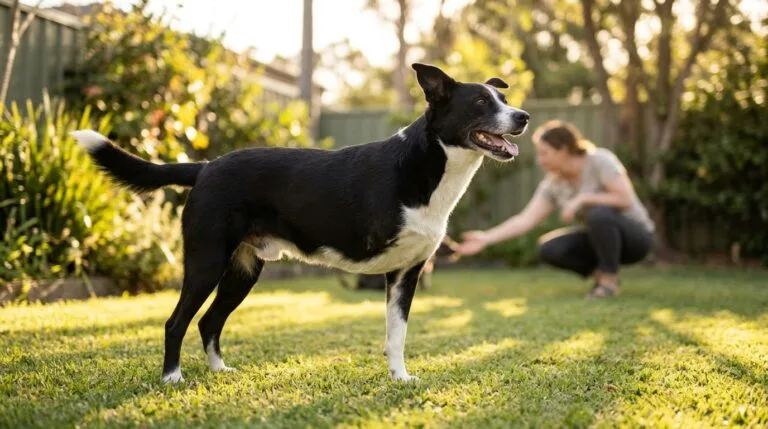 Chien noir et blanc à trois pattes debout de profil sur une pelouse au soleil, amputé d’une patte avant, qu’une femme accroupie appelle en arrière-plan