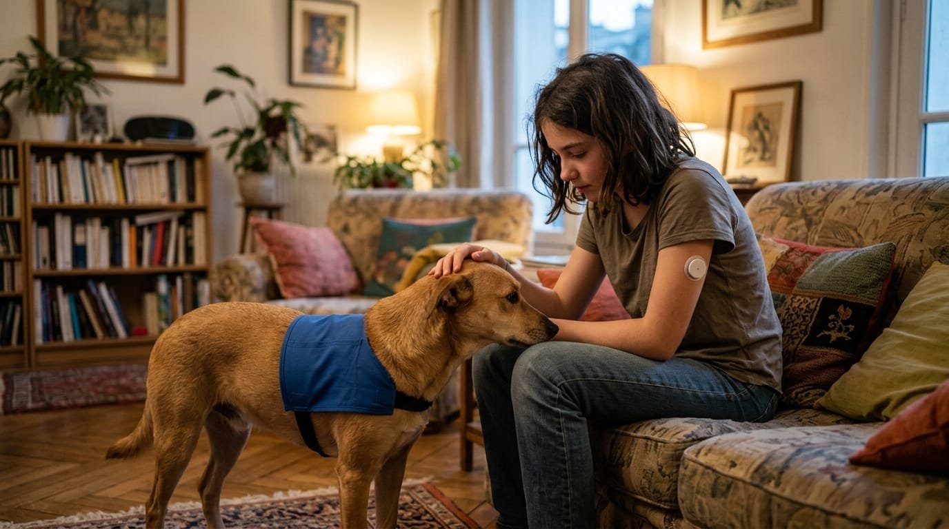 Chien d'alerte diabète en cape bleue qui pose la truffe contre une adolescente portant un capteur de glucose au bras