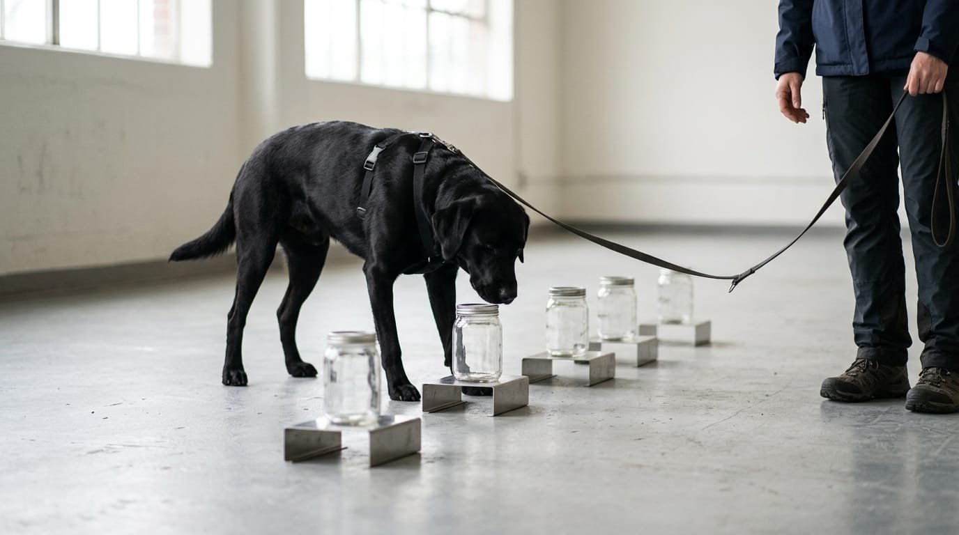 Chien détecteur de cancer reniflant une rangée de bocaux d’échantillons pendant une séance d’entraînement
