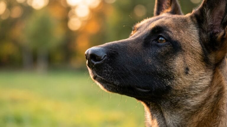 Malinois de profil, truffe levée, dans une lumière dorée