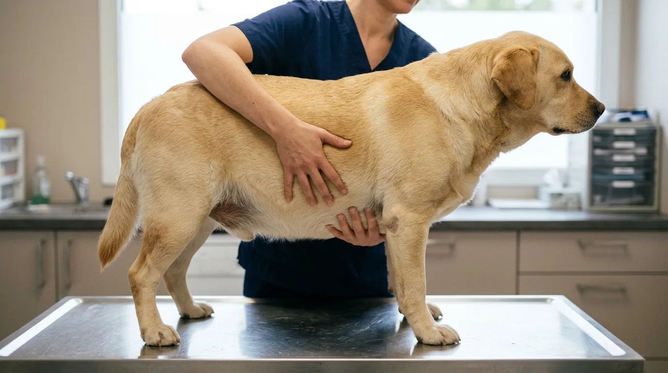 Chien en surpoids, un labrador sans taille visible, palpé au niveau des côtes par une vétérinaire sur la table de consultation