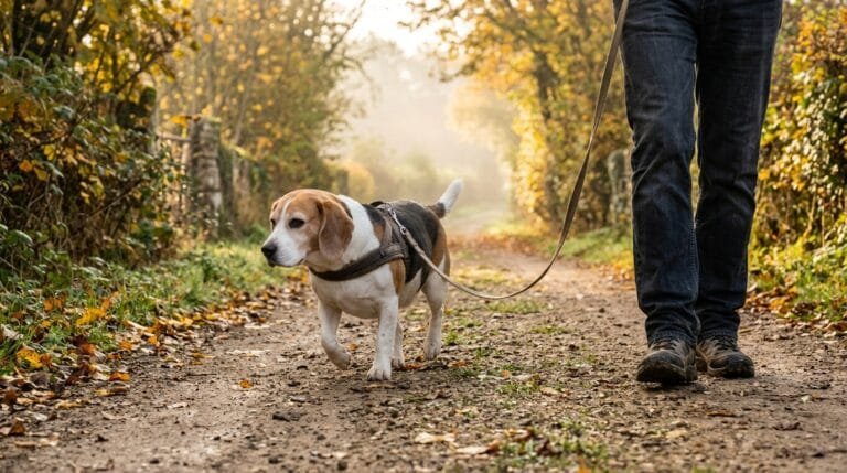 Beagle un peu rond en harnais pendant une promenade, exercice utile pour un chien en surpoids