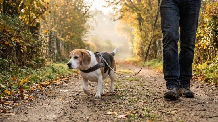 Beagle un peu rond en harnais pendant une promenade, exercice utile pour un chien en surpoids