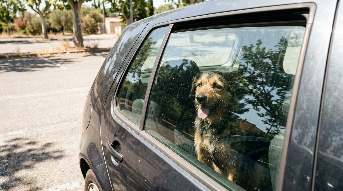 Chien enfermé voiture : un chien qui halète derrière la vitre fermée d’une citadine garée sur un parking en plein soleil