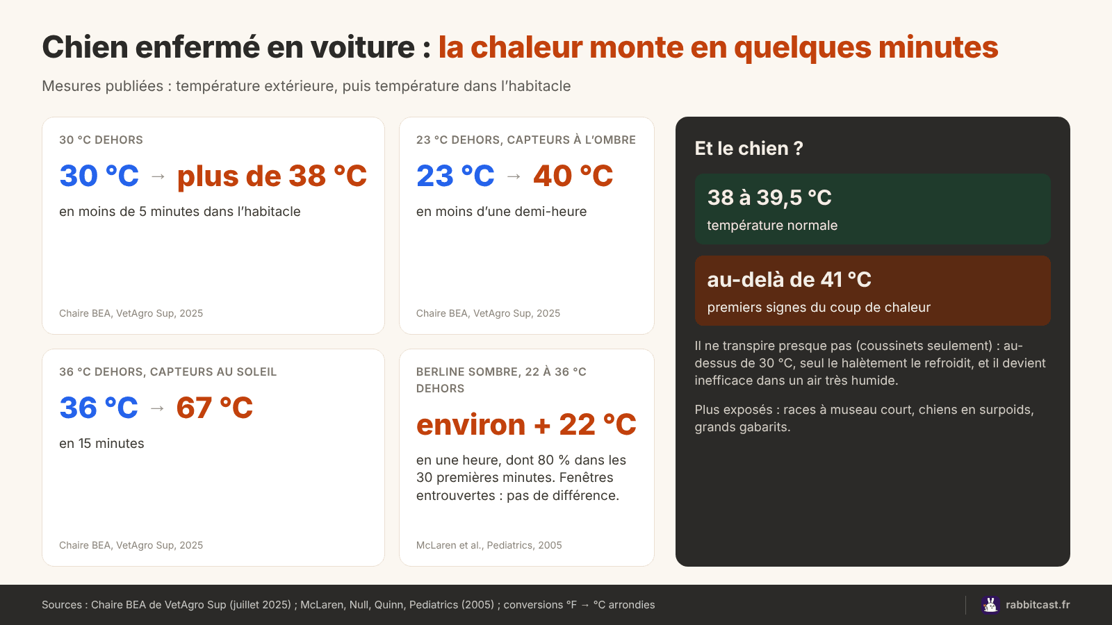 Schéma des températures mesurées dans une voiture garée au soleil comparées à la température normale d’un chien