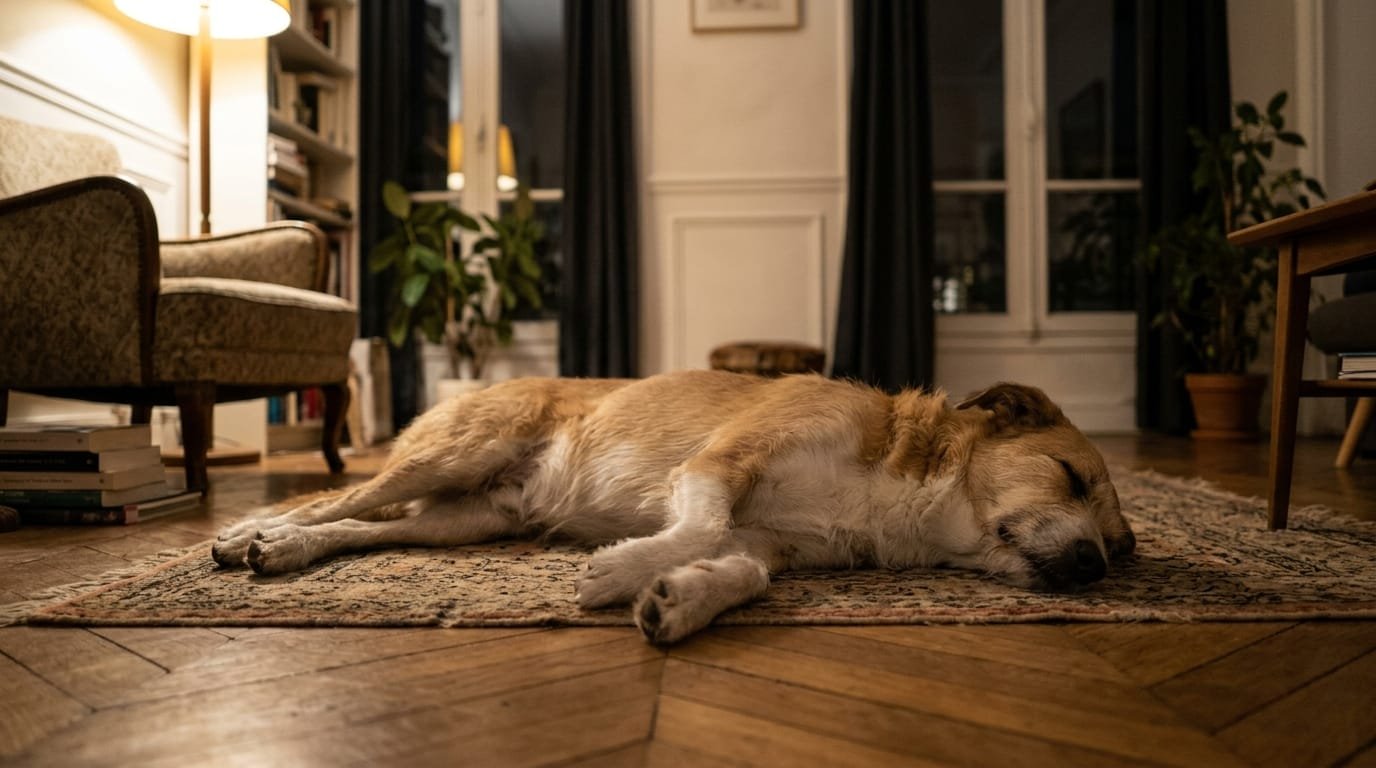 Chien gémit en dormant, couché sur le flanc, les pattes en mouvement