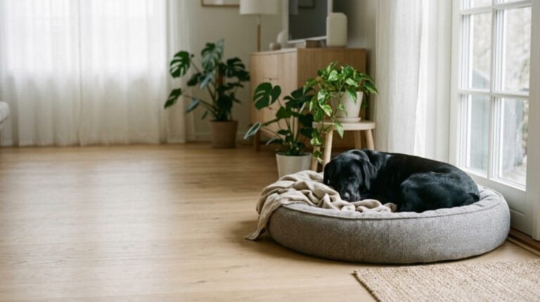 Labrador noir endormi en boule dans son panier