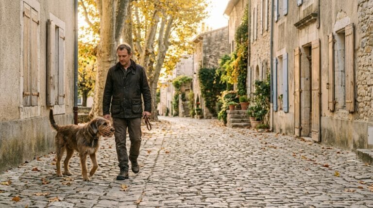 Un homme promène son chien portant une muselière panier dans une ruelle pavée de village, en automne