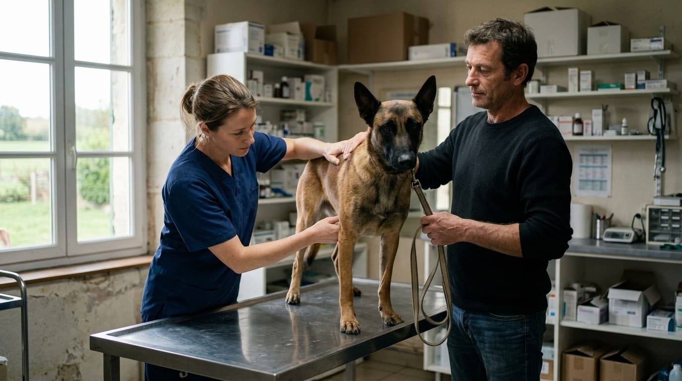 Chien mordeur, un berger malinois, examiné par une vétérinaire sur la table de consultation pendant sa surveillance
