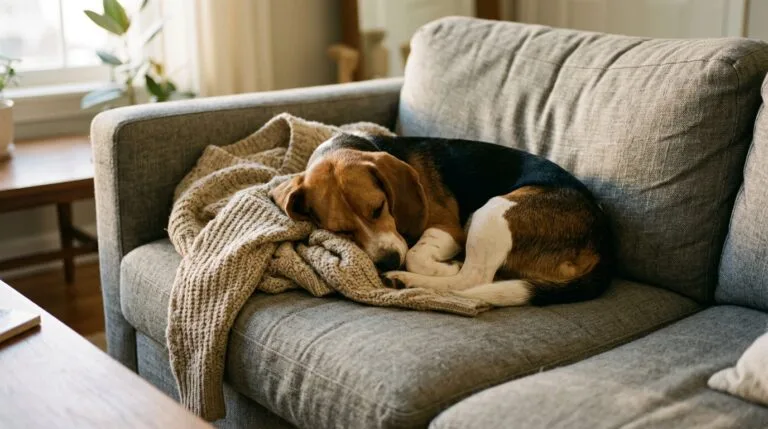 Beagle endormi sur un pull en laine laissé par son maître sur un canapé