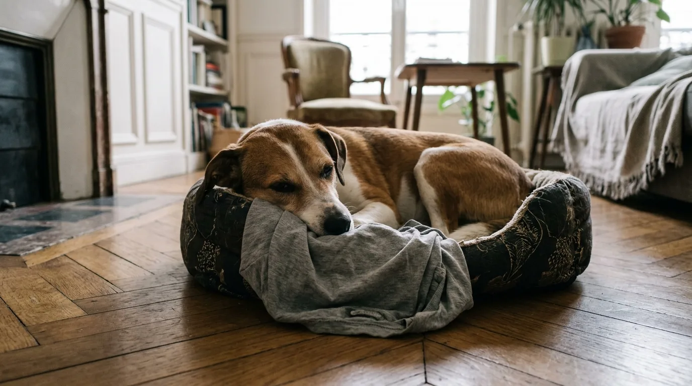 Chien couché dans son panier, la truffe sur un tee-shirt porté qui garde l’odeur de son maître