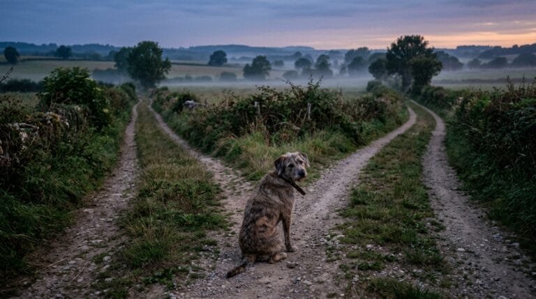 Un chien seul, assis à un croisement de chemins de campagne au crépuscule, regarde derrière lui