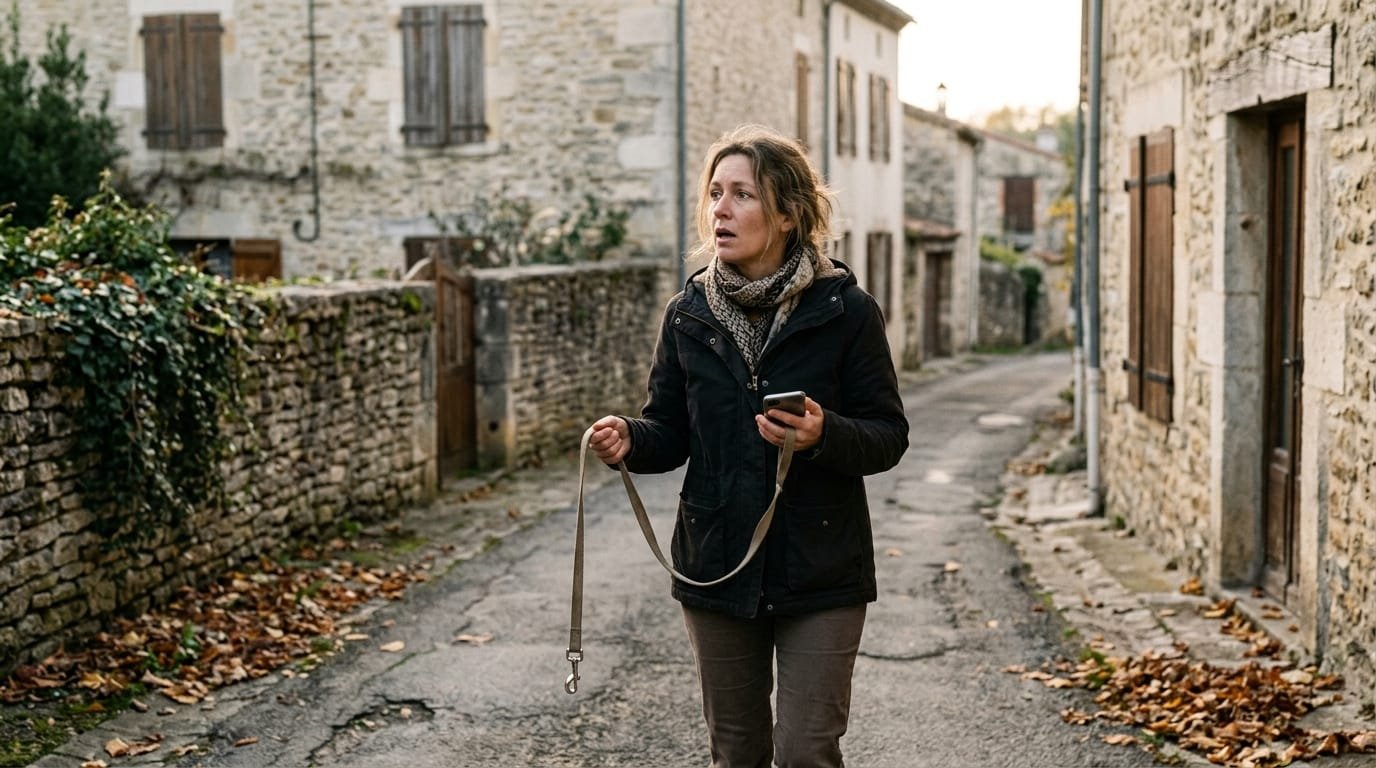Chien perdu : une femme cherche son chien dans une rue de village en fin de journée, laisse vide à la main