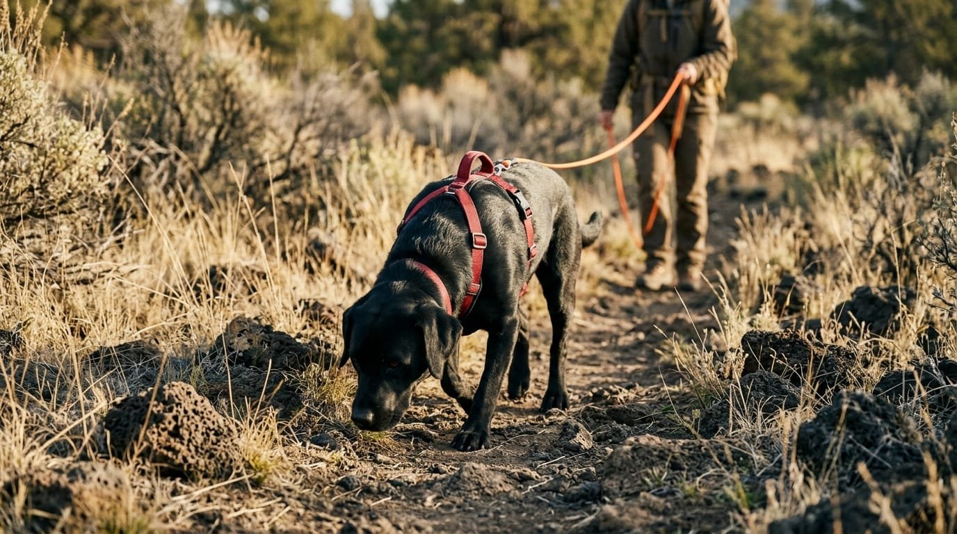 Chien pisteur labrador noir en harnais rouge, truffe au sol sur un sentier sec, suivi de son maître qui tient la longe