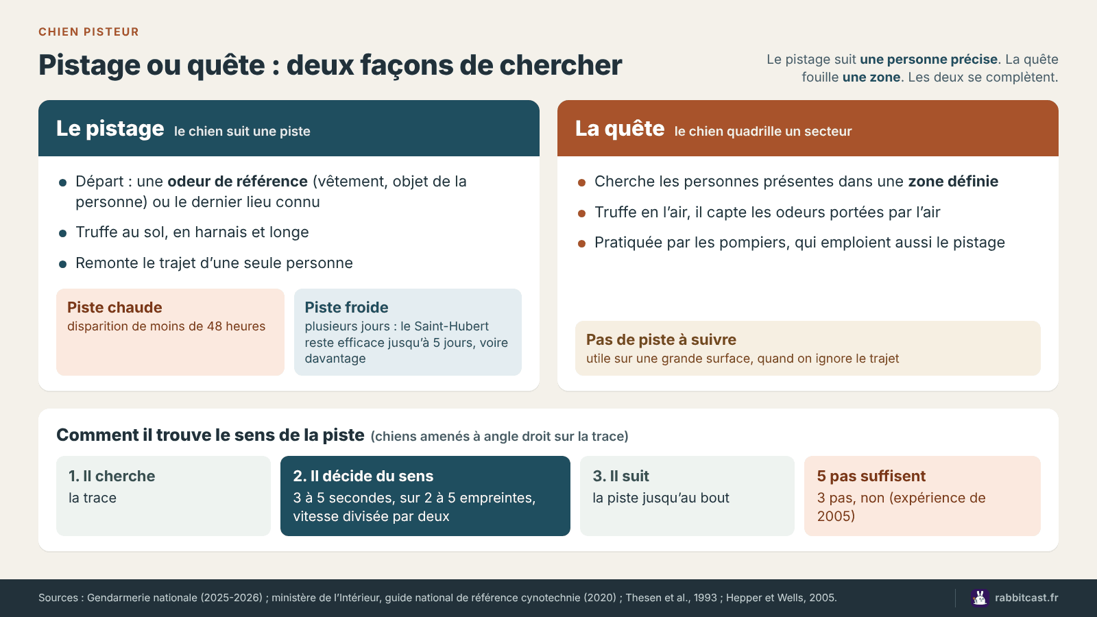 Schéma comparant le pistage et la quête du chien pisteur : odeur de référence, piste chaude de moins de 48 heures, piste froide de plusieurs jours et trois phases pour trouver le sens de la piste