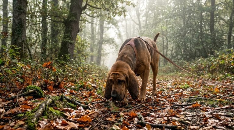 Un Saint-Hubert en harnais de cuir flaire les feuilles mortes d’un chemin forestier dans la brume d’automne