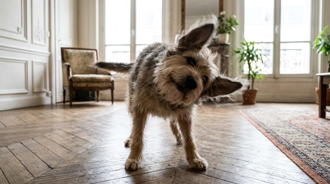 Chien se secoue dans un salon alors qu’il est sec, oreilles et poils en mouvement