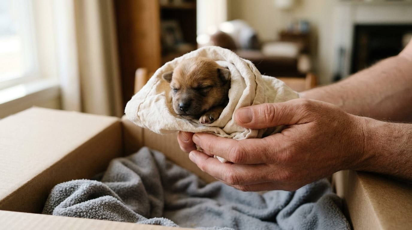 Chiot orphelin de quelques jours, les yeux fermés, enveloppé dans une serviette et tenu dans les mains au-dessus d’un carton garni d’une couverture polaire