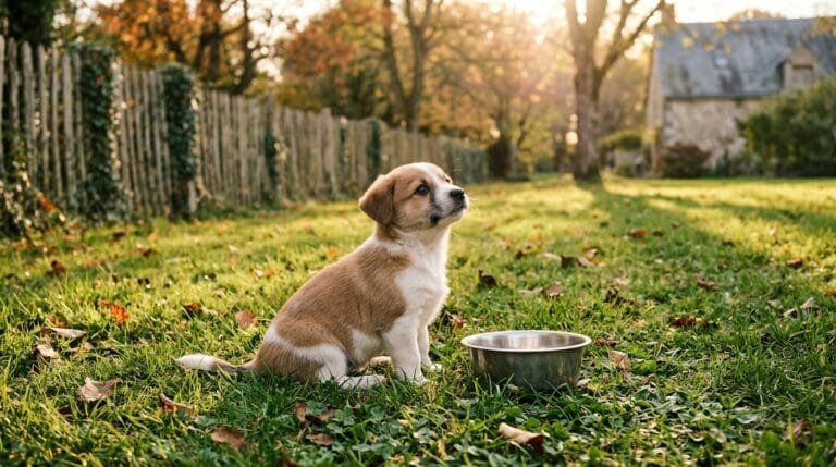 Chiot de huit semaines au pelage fauve et blanc assis dans l’herbe d’un jardin en automne, à côté d’une gamelle en inox