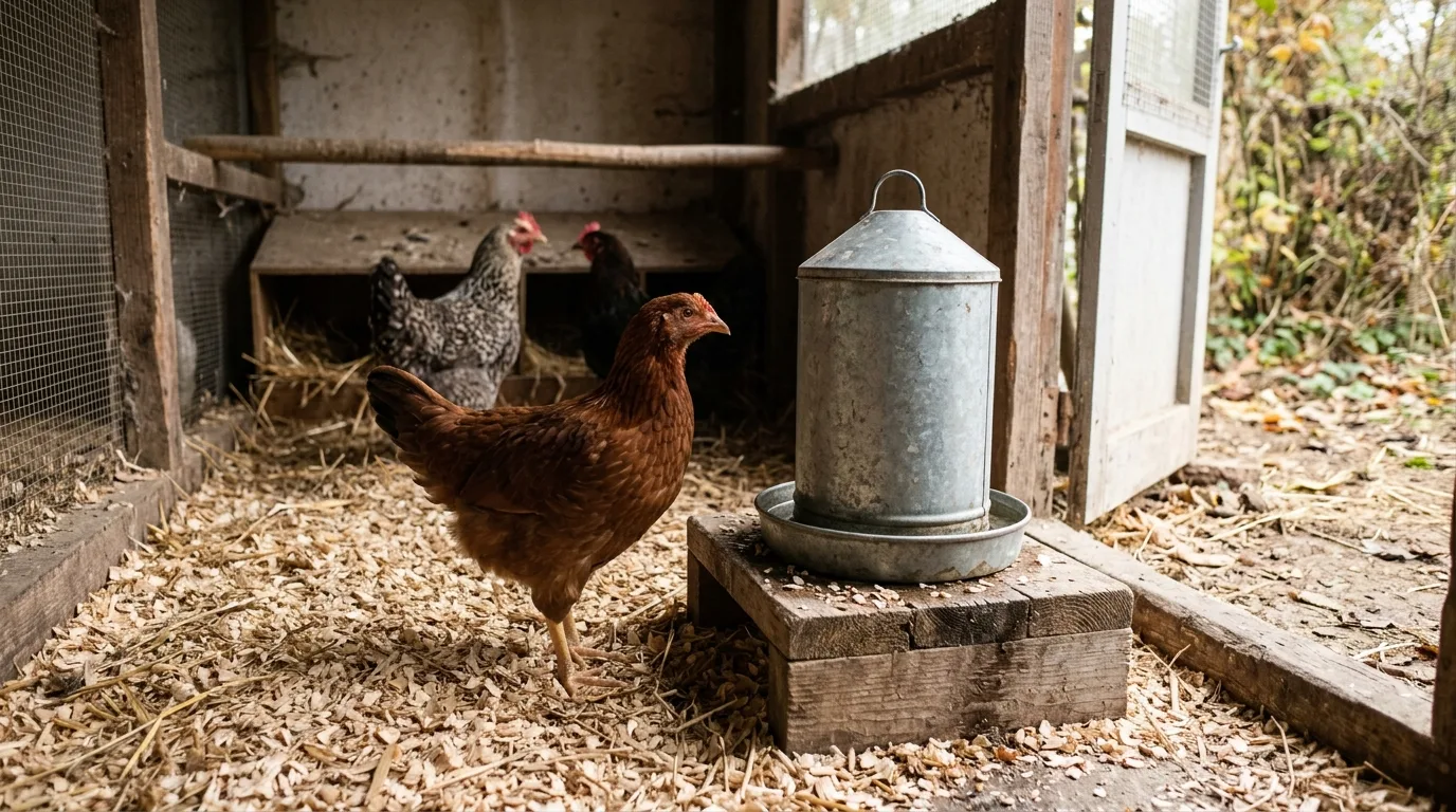 Coccidiose poule : jeune poulette sur une litière sèche à côté d’un abreuvoir surélevé dans un poulailler