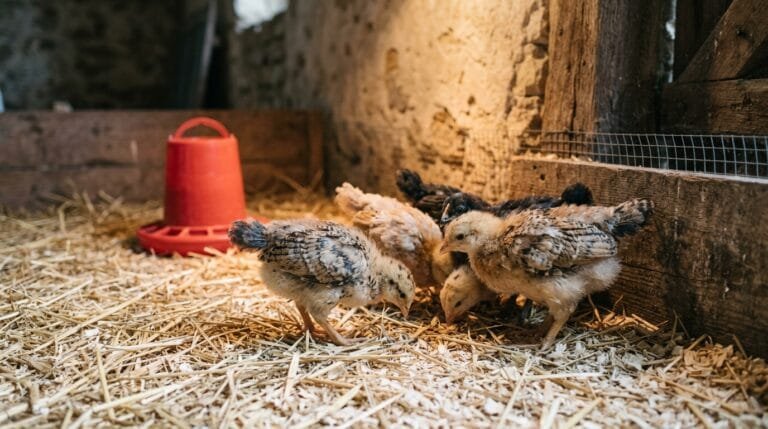 Poussins de quelques semaines sur une litière de paille sèche dans une grange