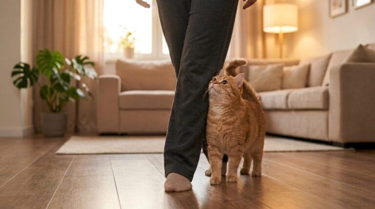 Un chat roux affectueux regarde son propriétaire avec amour en se frottant contre ses jambes dans un salon chaleureux.