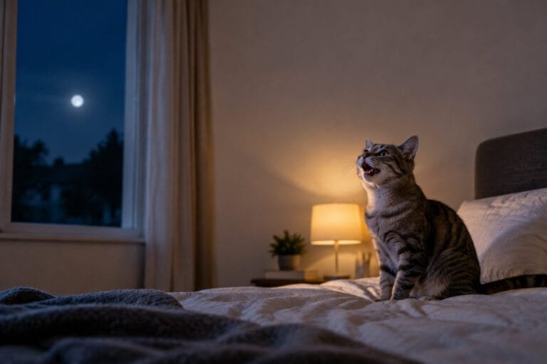 Un chat tabby assis sur un lit dans une chambre sombre, regardant vers la fenêtre éclairée par la pleine lune.