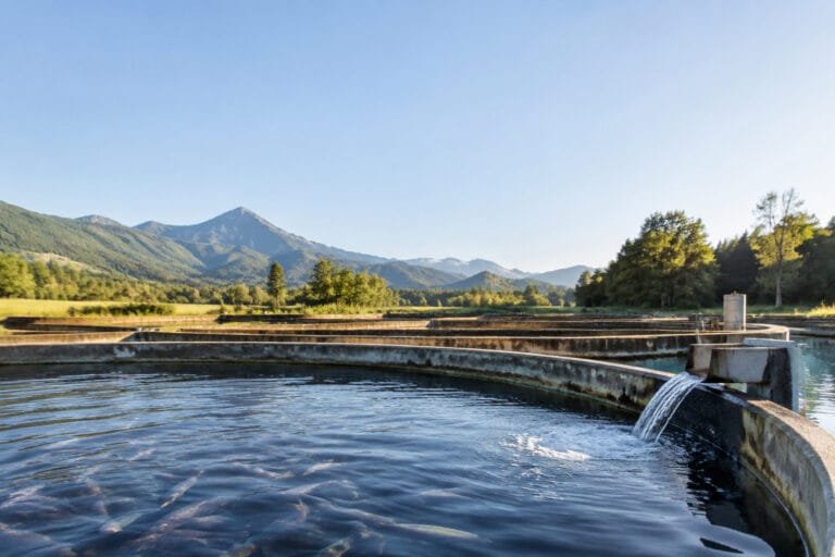 Bassins circulaires en béton remplis de truites, avec une eau qui coule et des montagnes en arrière-plan.