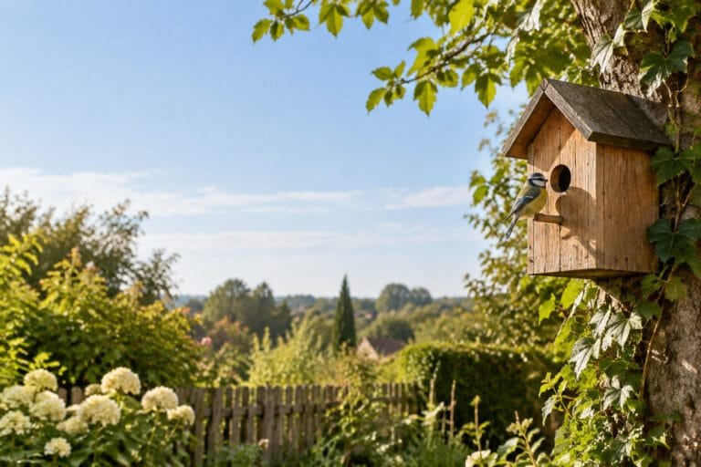 Une mésange bleue perchée sur un nichoir en bois installé sur le tronc d'un arbre dans un jardin ensoleillé.