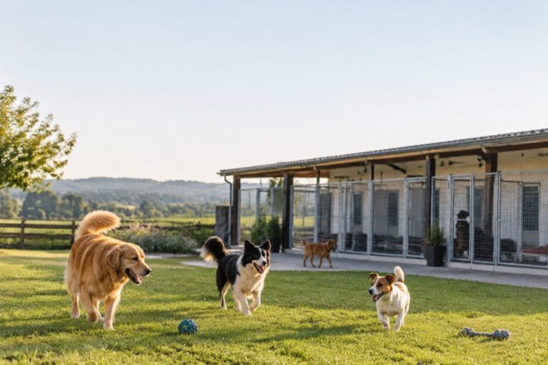 Trois chiens jouent joyeusement sur une pelouse devant une pension canine en plein air sous un ciel ensoleillé.