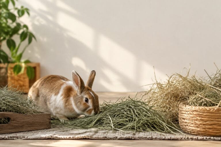 Un joli lapin marron et blanc mange du foin frais dans une pièce lumineuse.