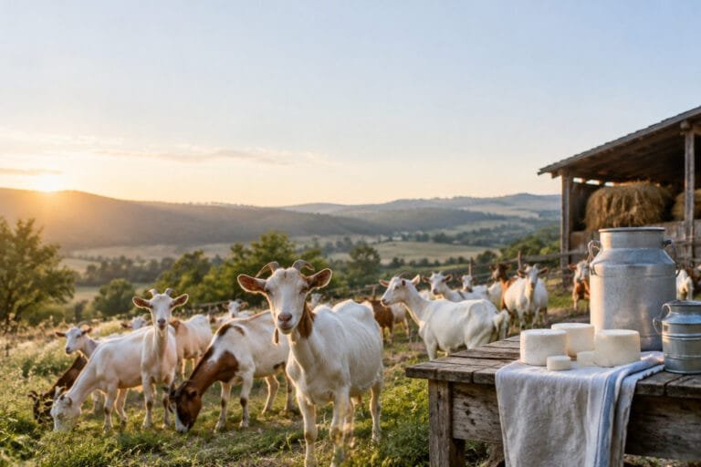 Chèvres dans un pré au coucher du soleil avec des fromages frais et un bidon de lait sur une table en bois en premier plan.