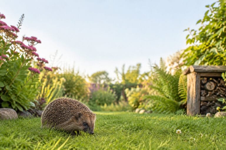 Un petit hérisson brun marche dans une pelouse verte et fleurie près d'un abri à insectes en bois dans un jardin.