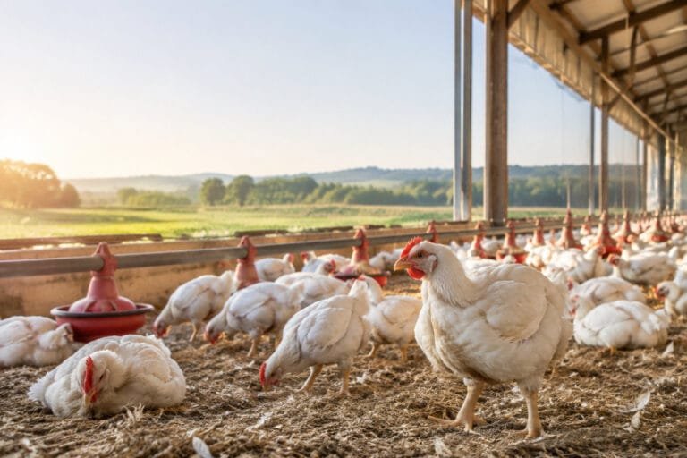 Poulets blancs dans un poulailler moderne avec vue sur la campagne au lever du soleil.