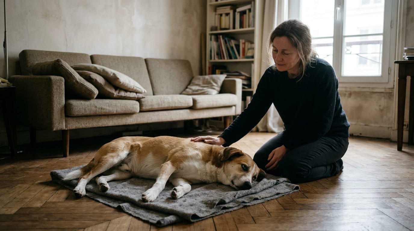 Chienne croisée allongée sur une couverture grise après une crise, sa maîtresse agenouillée à côté d’elle, la main posée sur son dos