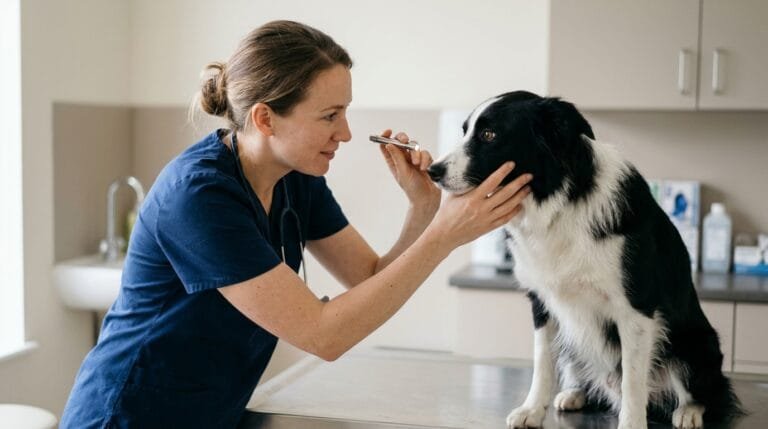 Une vétérinaire examine les yeux d’un border collie noir et blanc assis sur une table de consultation, à l’aide d’une lampe stylo